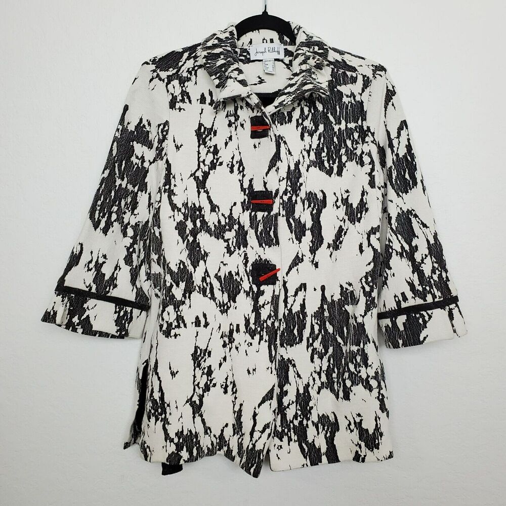 Joseph Ribkoff Black and White Printed Blazer with Red Accents